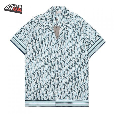 Dior Homme Blue And White Colorblock Print Men's Short-Sleeved Shirt