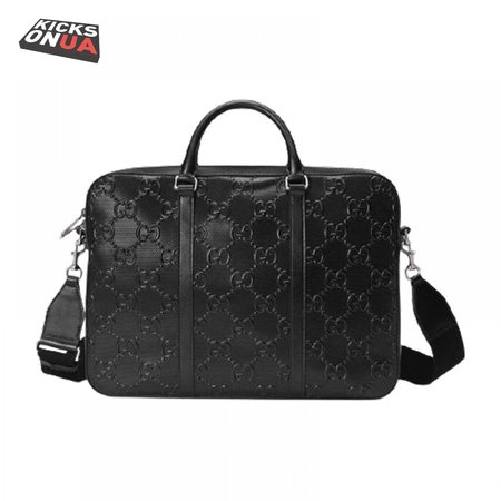 Gucci GG Embossed Briefcase Black Leather Cotton Linen Lining - GBC005